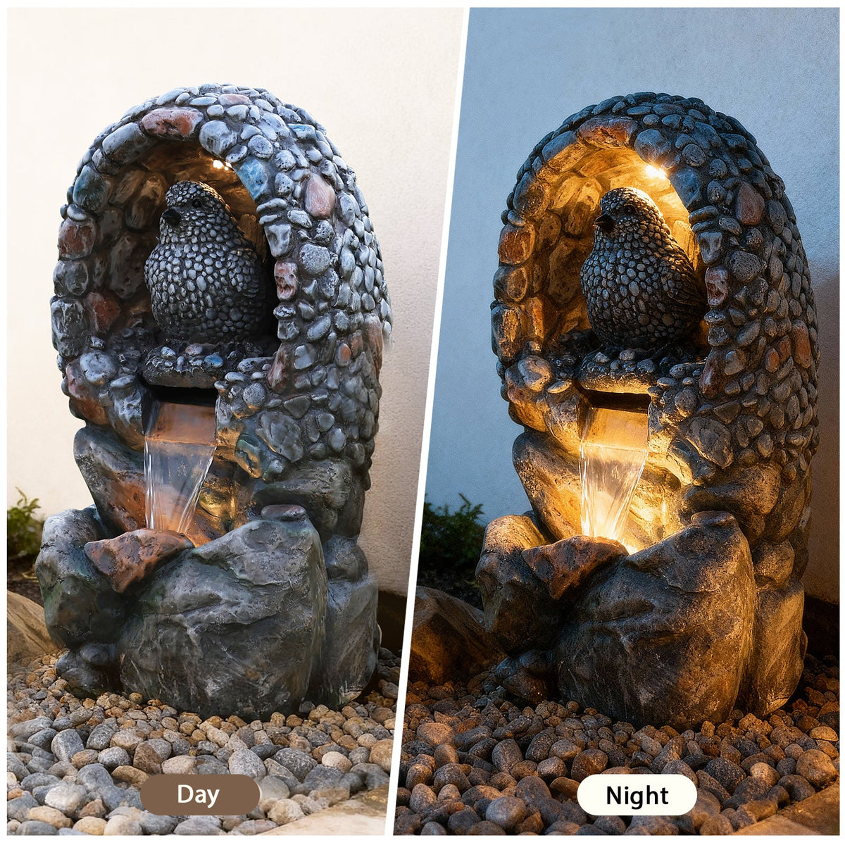 EROMMY Outdoor Water Fountain - Rock-Hollow Bird Outdoor Waterfall Fountain with LED Lights Effect for Patio Deck Yard Home, Gray