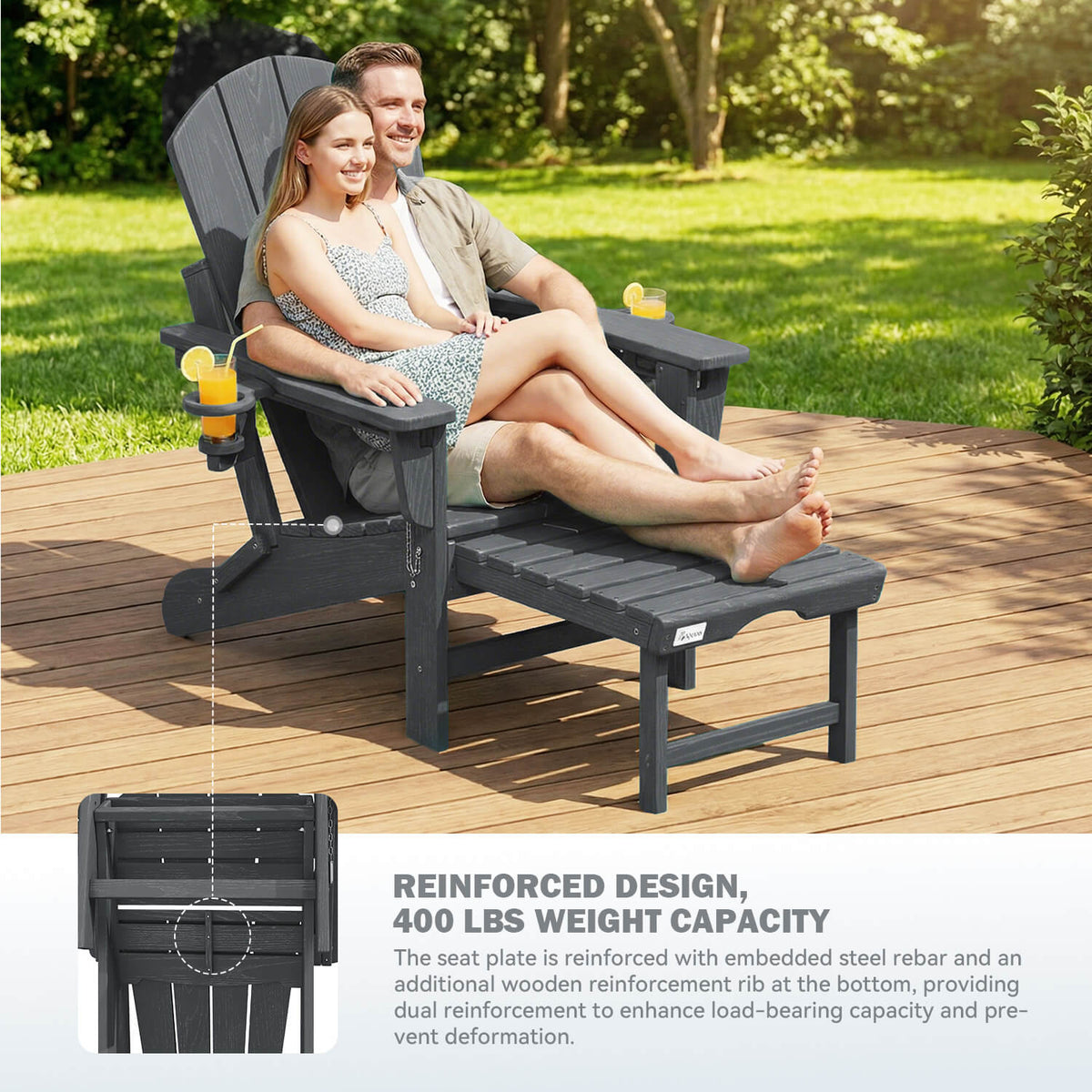 EROMMY 3-Level  Adjustable Adirondack Chair with Retractable Ottoman, Folding HDPE Outdoor Chair with Cup Holders, Gray