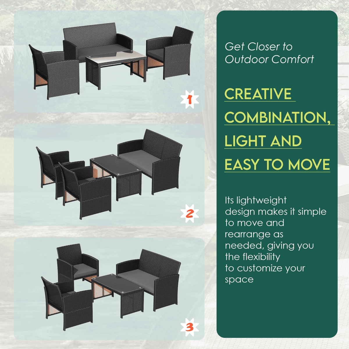 EROMMY 4-Piece Patio Furniture Set, Outdoor Wicker Patio Conversation Set with Cushions, Sofa & Glass Coffee Table, Gray