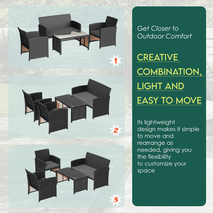 EROMMY 4-Piece Patio Furniture Set, Outdoor Wicker Patio Conversation Set with Cushions, Sofa & Glass Coffee Table, Gray