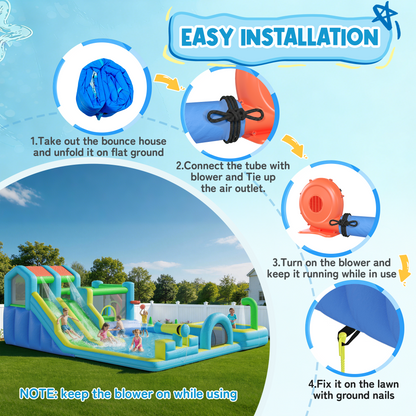 EROMMY Inflatable Bounce House, Bouncy House with Double Water Slide, Inflatable Bouncy Castle Water Bounce House with Blower, Climbing Wall, Jumping, Splash Pool for Kids Indoor Outdoor