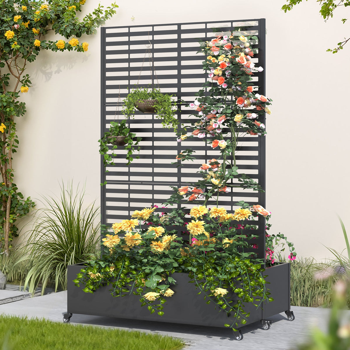 EROMMY Dual Metal Planter Box with Trellis, 73"x47"x31" Raised Garden Bed with Wheels and Drainage Holes, Planter with Trellis for Garden, Balcony & Patio, Black