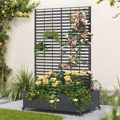 EROMMY Dual Metal Planter Box with Trellis, 73"x47"x31" Raised Garden Bed with Wheels and Drainage Holes, Planter with Trellis for Garden, Balcony & Patio, Black