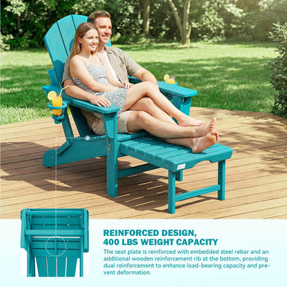 EROMMY 3-Level  Adjustable Adirondack Chair with Retractable Ottoman, Folding HDPE Outdoor Chair with Cup Holders, Aruba Blue