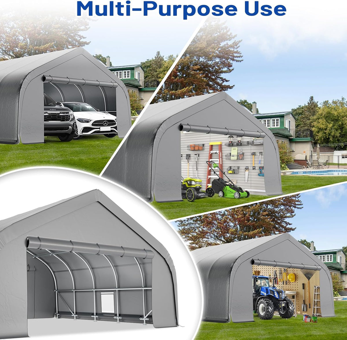 EROMMY 20x20 FT Heavy Duty Durable Carport, Galvanized Steel Frame Garage Shelter and Outdoor Storage, Waterproof 3-Layer PE Cover, Fits 2 Cars, Boat, Farm Equipment, Silver Gray