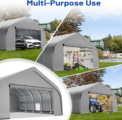 EROMMY 20x20 FT Heavy Duty Durable Carport, Galvanized Steel Frame Garage Shelter and Outdoor Storage, Waterproof 3-Layer PE Cover, Fits 2 Cars, Boat, Farm Equipment, Silver Gray