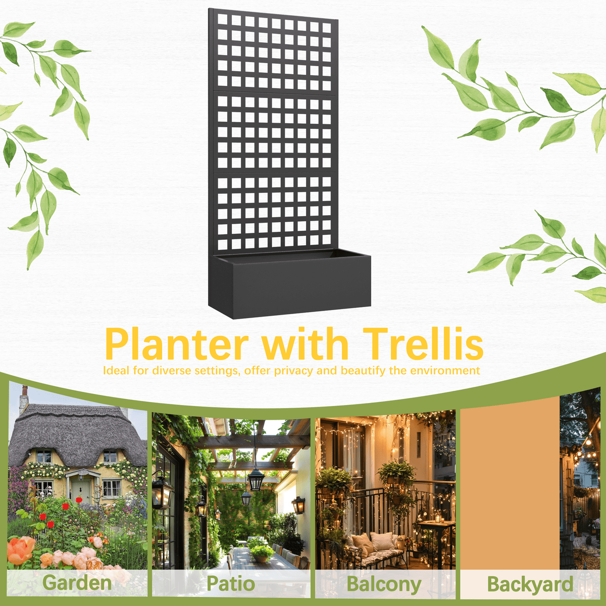 EROMMY Metal Planter Box with Trellis, 71"x 35"x 16" Raised Garden Bed with Trellis, Planter Box Trellis with Privacy Screen and Drainage Holes, Black