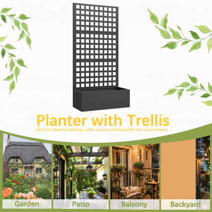 EROMMY Metal Planter Box with Trellis, 71"x 35"x 16" Raised Garden Bed with Trellis, Planter Box Trellis with Privacy Screen and Drainage Holes, Black