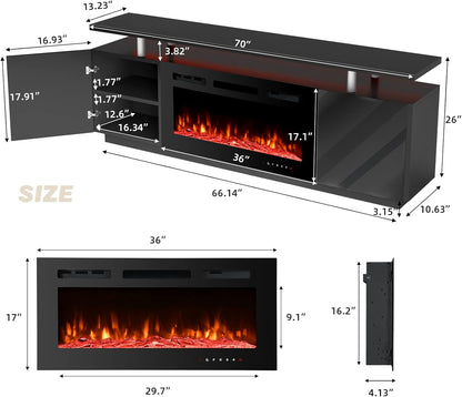 EROMMY 70 Inch TV Stand Entertainment Center, Black – Fireplace Not Included