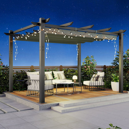 EROMMY Retractable Pergola 10x13 Ft, Outdoor Aluminum Shelter with Dual Adjustable Sun Shade Canopy for Patio Backyard, Locking System Includes Straps & Screws (Gray)