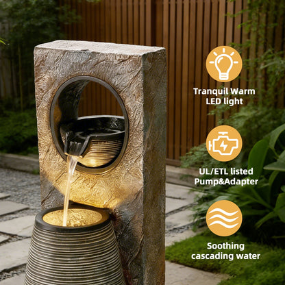 EROMMY 39.7" Water Fountain Outdoor with LED Lights – Resin Garden Fountain for Patio, Poolside, Deck & Indoor Use – Calming Flowing Water Sound for Relaxation – Easy Assembly