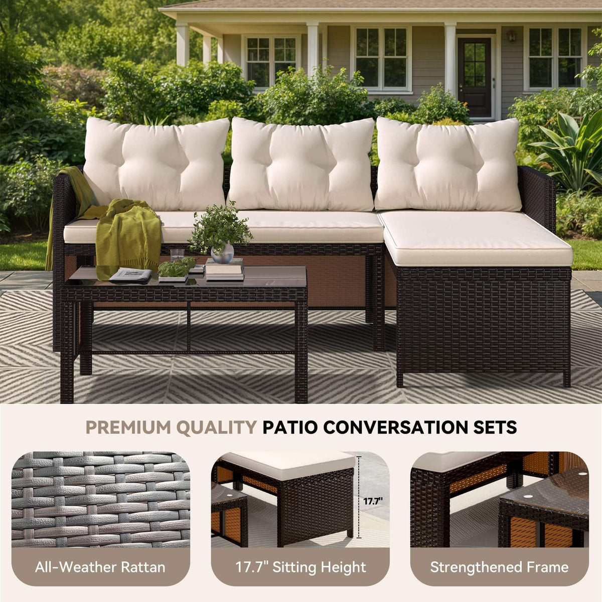 EROMMY 3 Piece Outdoor Patio Furniture Set, All-Weather PE Rattan Sofa Set with Glass Table & Cushions, Khaki