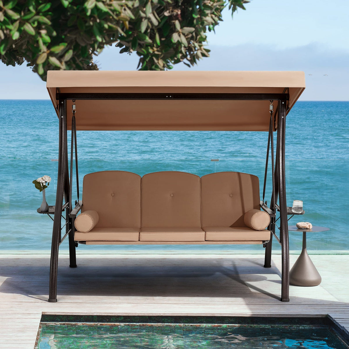 EROMMY 3-Seat Outdoor Porch Swing with Adjustable Canopy and Backrest, Brown