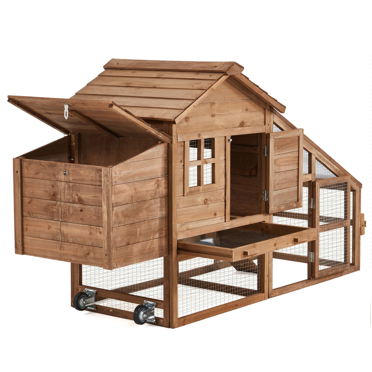 EROMMY Chicken Coop Large Wooden Chicken Tractor 71" with Nesting Box, Wheels, Waterproof Roof, Pull Out Tray, for 4-6 Poultry