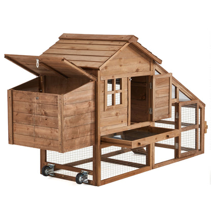 EROMMY Chicken Coop Large Wooden Chicken Tractor 71" with Nesting Box, Wheels, Waterproof Roof, Pull Out Tray, for 4-6 Poultry