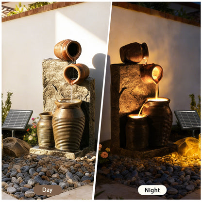 EROMMY 29.9"Tall Outdoor Solar Power Water Fountain - Resin Pottery Cascade Garden Water Fountain with LED Lights Effect  for Patio Deck Yard Home,Brown