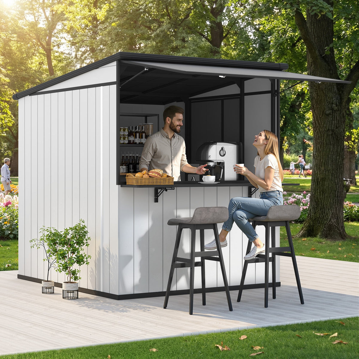 EROMMY 7x6 FT Outdoor Storage Shed with Foldable Bar Counter & Hydraulic Support Overhang, Metal Shed Backyard Bar Cabana, Lockable Small Shed for Outdoor Storage