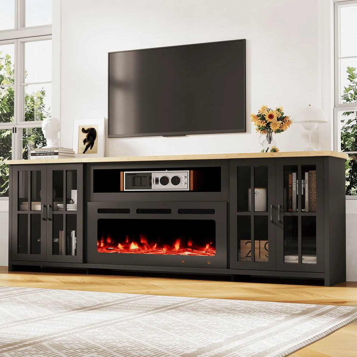 EROMMY 97 Inch Fireplace TV Stand with 42" Electric Fireplace, Fireplace Entertainment Center Media Console, Long TV Stand for Living Room, Television Stands for 100 Inch TV, Black