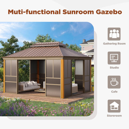 EROMMY 12'*14' Sunroom, with Front Door, Side Entrance, Galvanized Steel Double Top, Wood Grain Appearance, Aluminum Alloy Frame, Solarium Backyard Sun Room