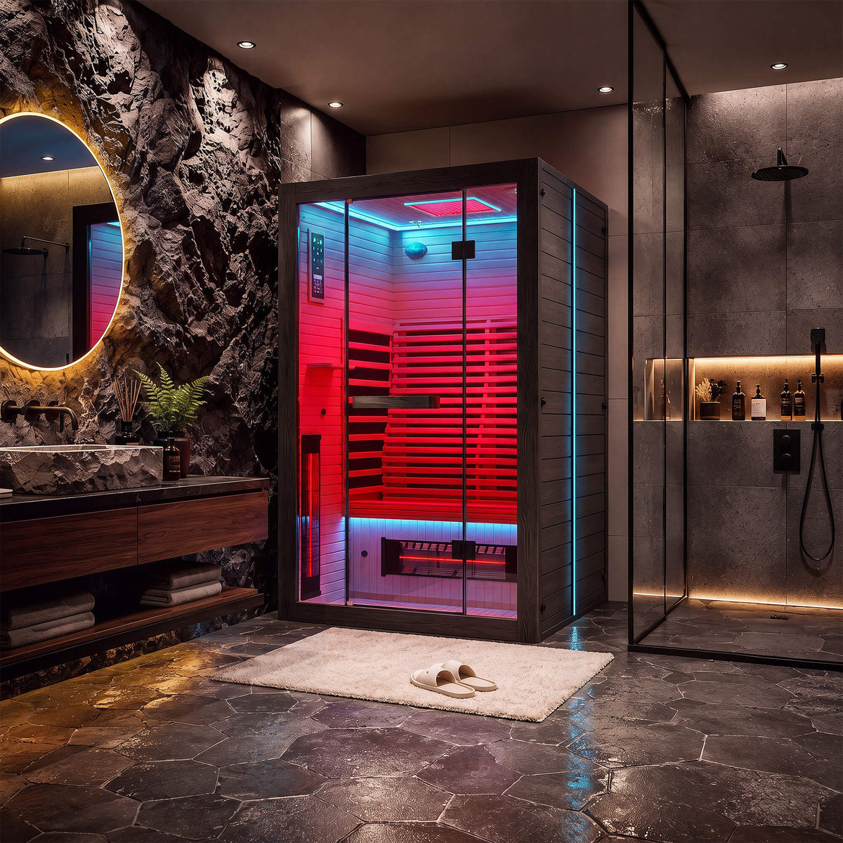 EROMMY 2 Person Infrared Sauna with Red Light Therapy, 360° Fast Heating, 7-Color LED & Bluetooth, Adjustable Seat, Black