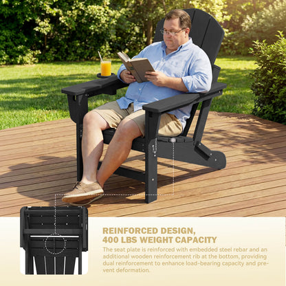 EROMMY 3-Position Adjustable Adirondack Chairs Set of 4, 400LBS HDPE Folding Outdoor Chairs with Cup Holder, Black