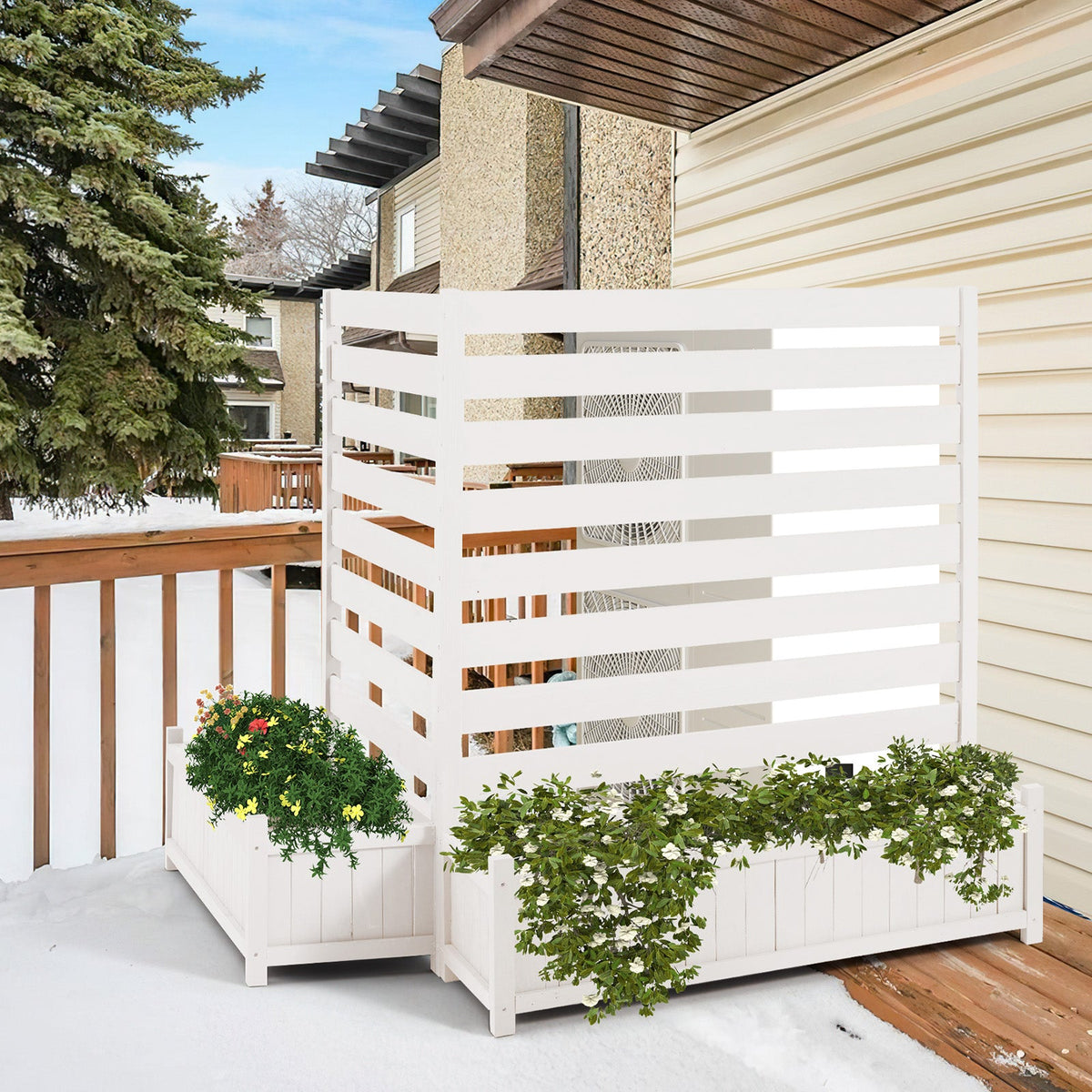 EROMMY 2-Pack No-Dig Privacy Fence Planter, Wood Outdoor Screen Air Conditioner Fence for AC Unit, Trash & Flower Bed, Weather-Resistant, 36" W x 45" H, White
