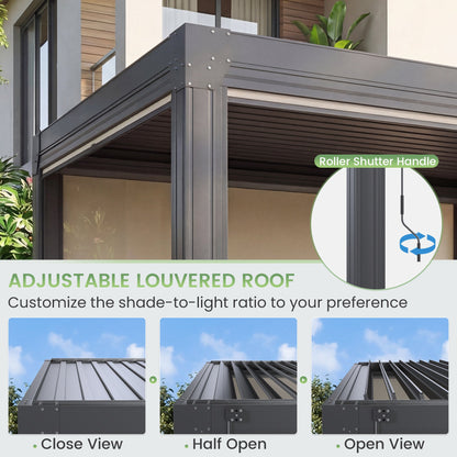 EROMMY 10' x 12' Louvered Pergola with Pull-Down Screens, Aluminum Outdoor Pergola with Retractable Roof for Patios, Decks & Backyards, Black