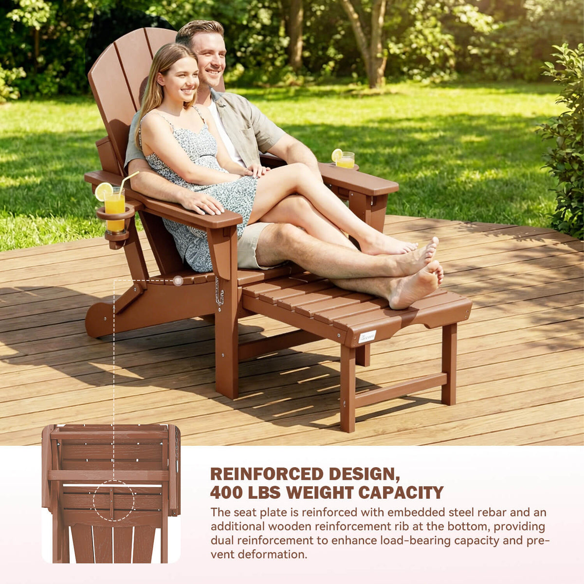 EROMMY 3-Level  Adjustable Adirondack Chair with Retractable Ottoman, Folding HDPE Outdoor Chair with Cup Holders, Teak