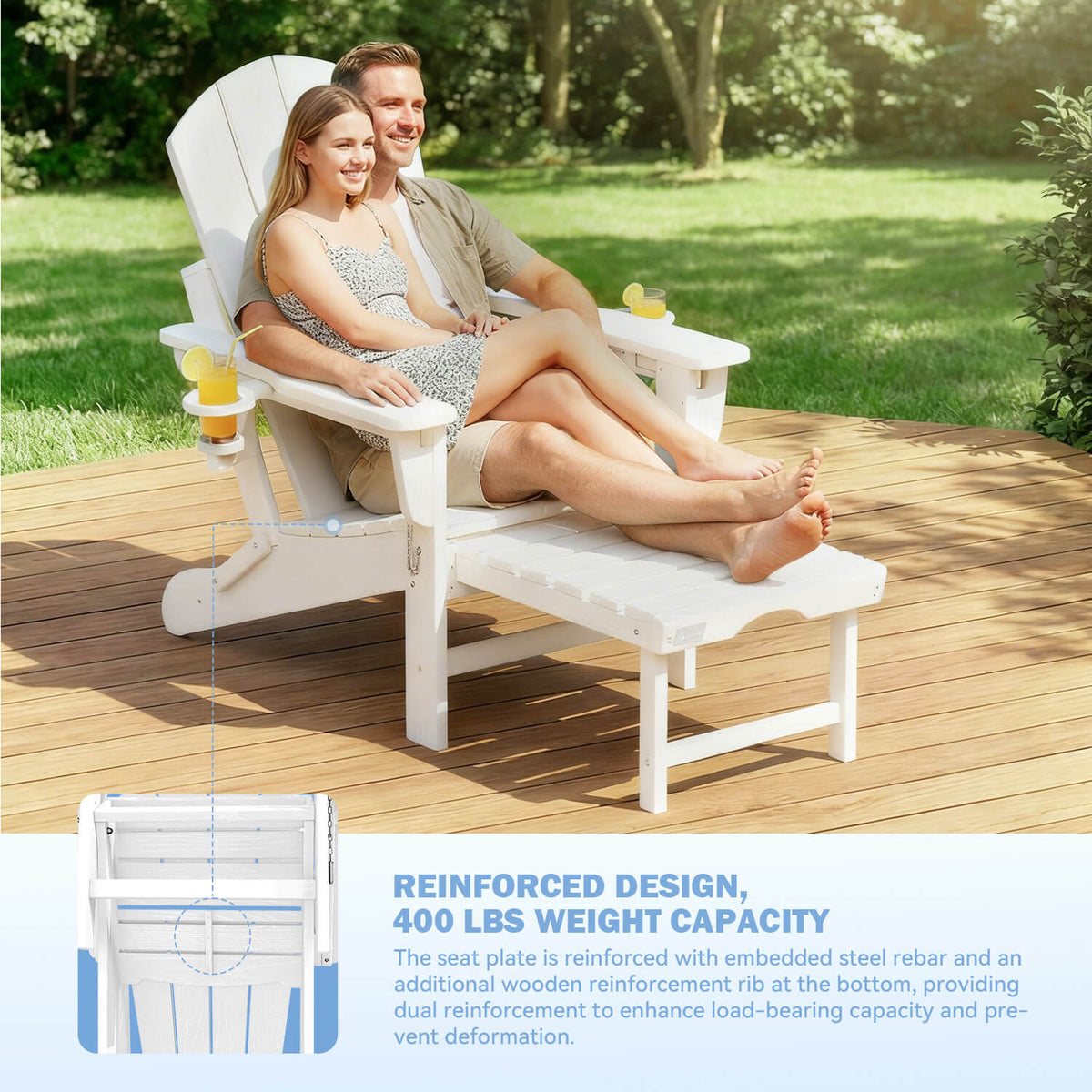EROMMY 3-Level  Adjustable Adirondack Chair with Retractable Ottoman, Folding HDPE Outdoor Chair with Cup Holders, White