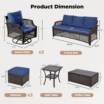 EROMMY 2 Piece All-Weather Outdoor Wicker Ottoman, Patio Footrest & Extra Seat with Thick Cushion (Navy Blue)