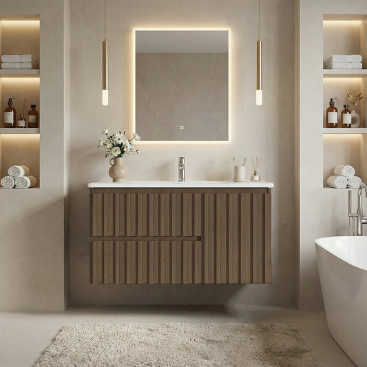 Erommy 36" Wall Mounted Single Bathroom Vanity With Ceramic Sink, Bathroom Vanity With Spacious Cabinet And 2 Soft-close Drawers,  Brown