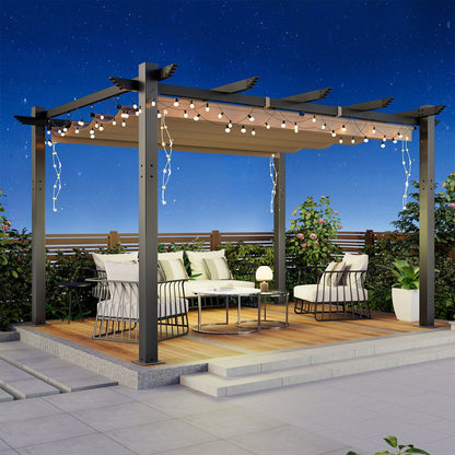 EROMMY Retractable Pergola 10x13 Ft, Outdoor Aluminum Shelter with Dual Adjustable Sun Shade Canopy for Patio Backyard, Locking System Includes Straps & Screws (Khaki)