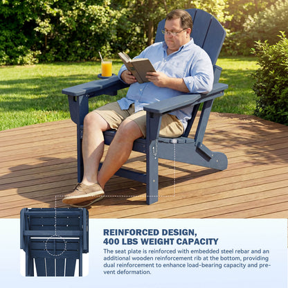 EROMMY 3-Position Adjustable Adirondack Chairs Set of 4, 400LBS HDPE Folding Outdoor Chairs with Cup Holder, Navy Blue