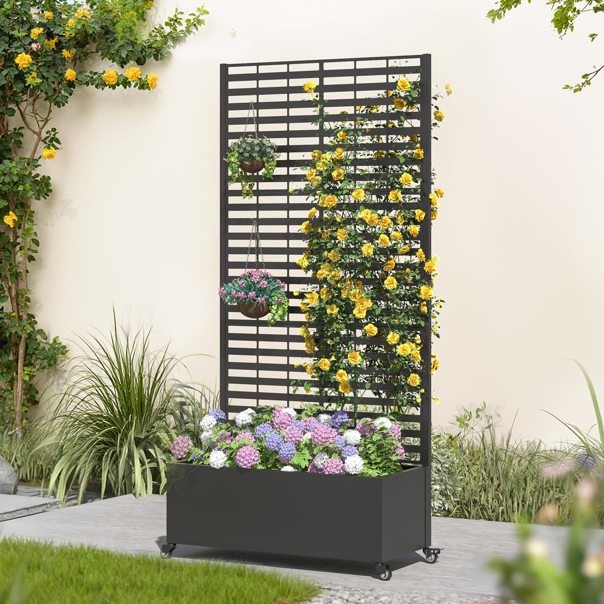 EROMMY Metal Planter Box with Trellis, 73"x 35"x 16" Raised Garden Bed with Wheels and Drainage Holes, Planter with Trellis for Garden, Balcony and Patio, Black Louvered