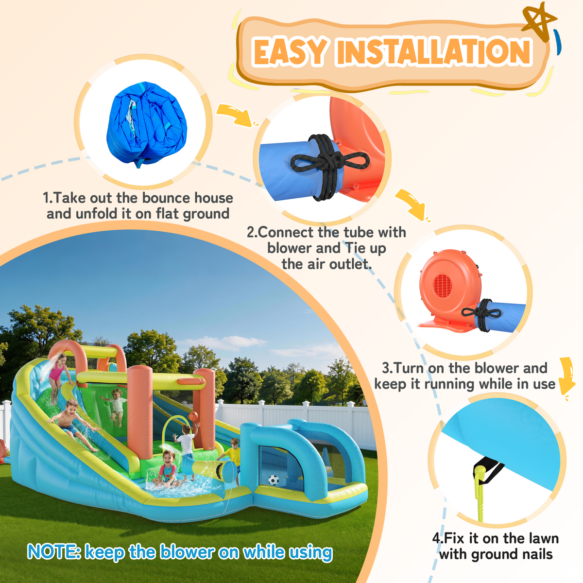 EROMMY Inflatable Bounce House with Double Slide, Bouncy Castle for Kids 3-12 with Blower, Water Cannon, Football Net, Jumping, Climbing Wall, Basketball Hoop, Backyard Water Park for Kids