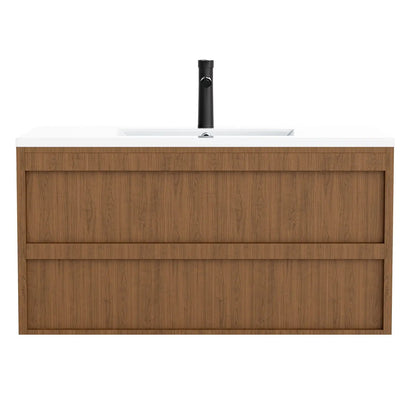EROMMY 36 Inch Bathroom Vanity with Sink, Floating Bathroom Vanity with 2 Large Storage Drawers, Wood Grain Wall Mounted Bathroom Cabinet, Walnut