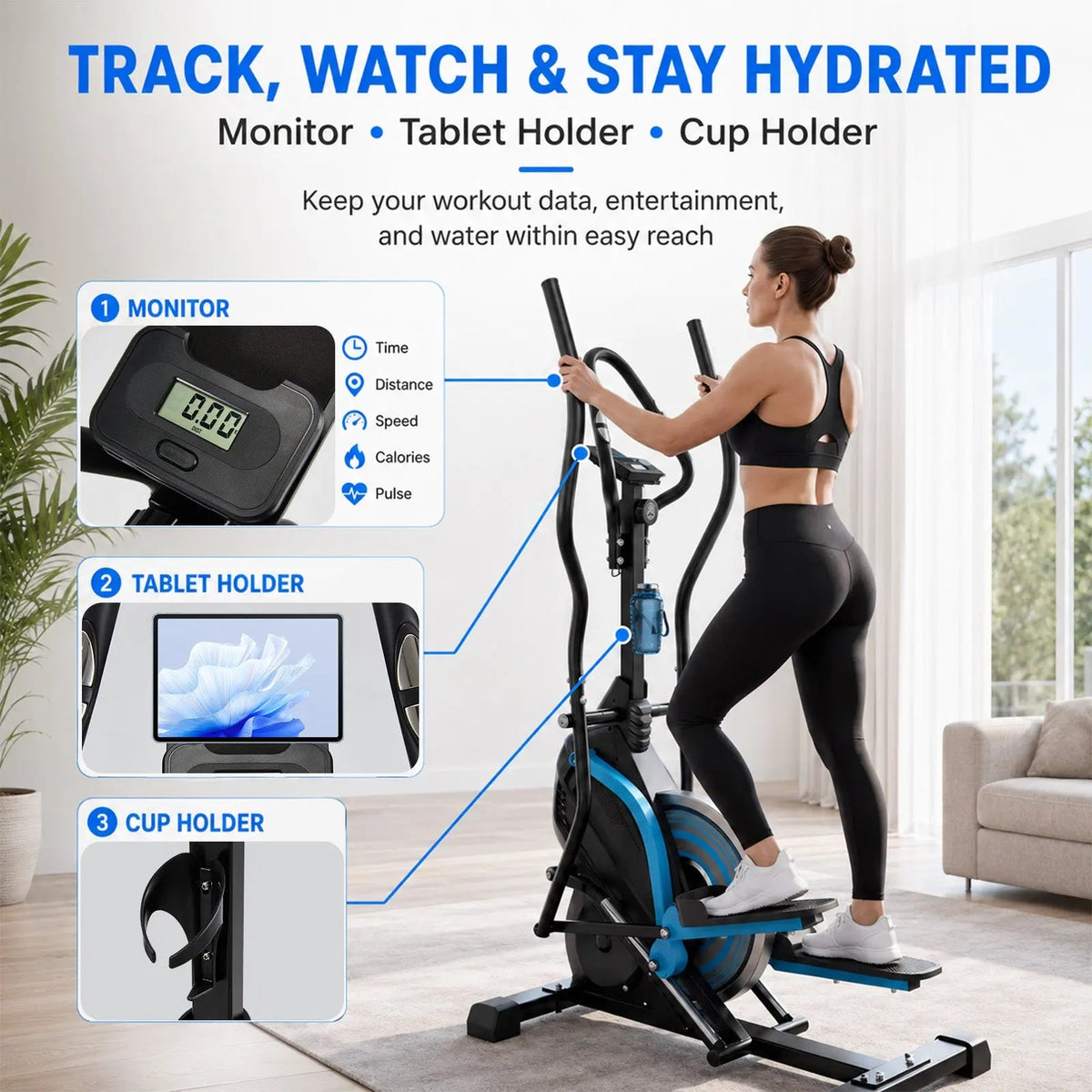 EROMMY 3-in-1 Elliptical Exercise Machine for Home, Cardio Climber & Stair Stepper with 16-Level Magnetic Resistance, 15.5” Stride, 300LB Capacity, Quiet Compact Trainer