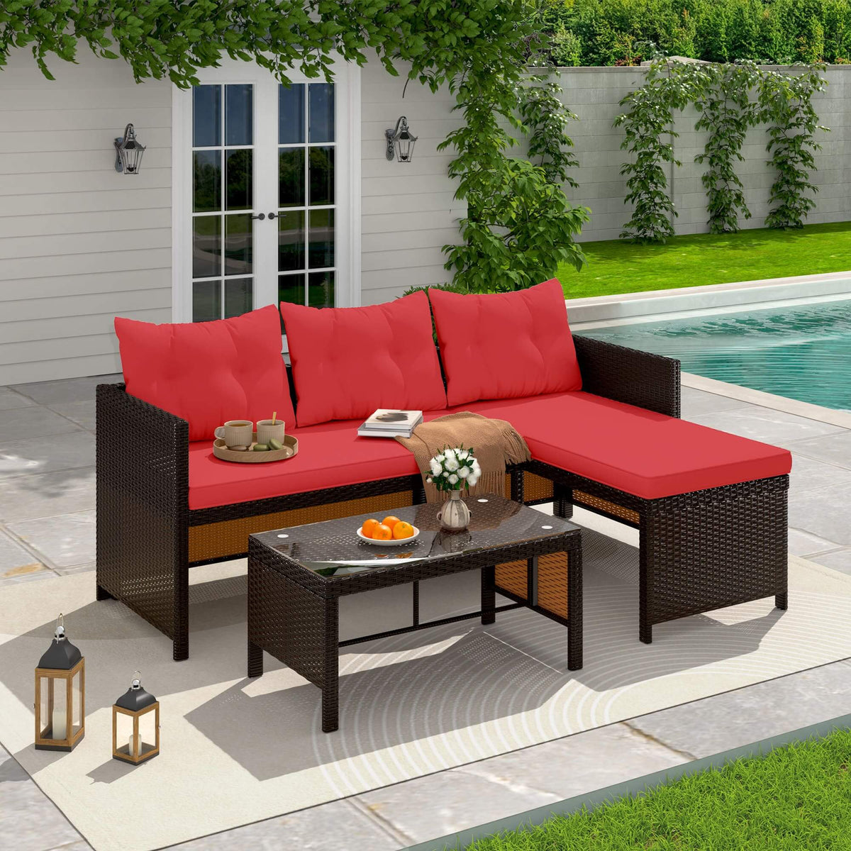 EROMMY 3 Piece Outdoor Patio Furniture Set, All-Weather PE Rattan Sofa Set with Glass Table & Cushions, Red