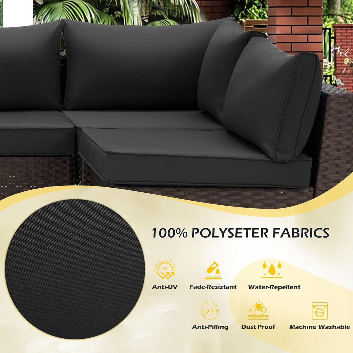 EROMMY Outdoor Replacement Cushions for  6-Seat Patio Conversation Sets, Black
