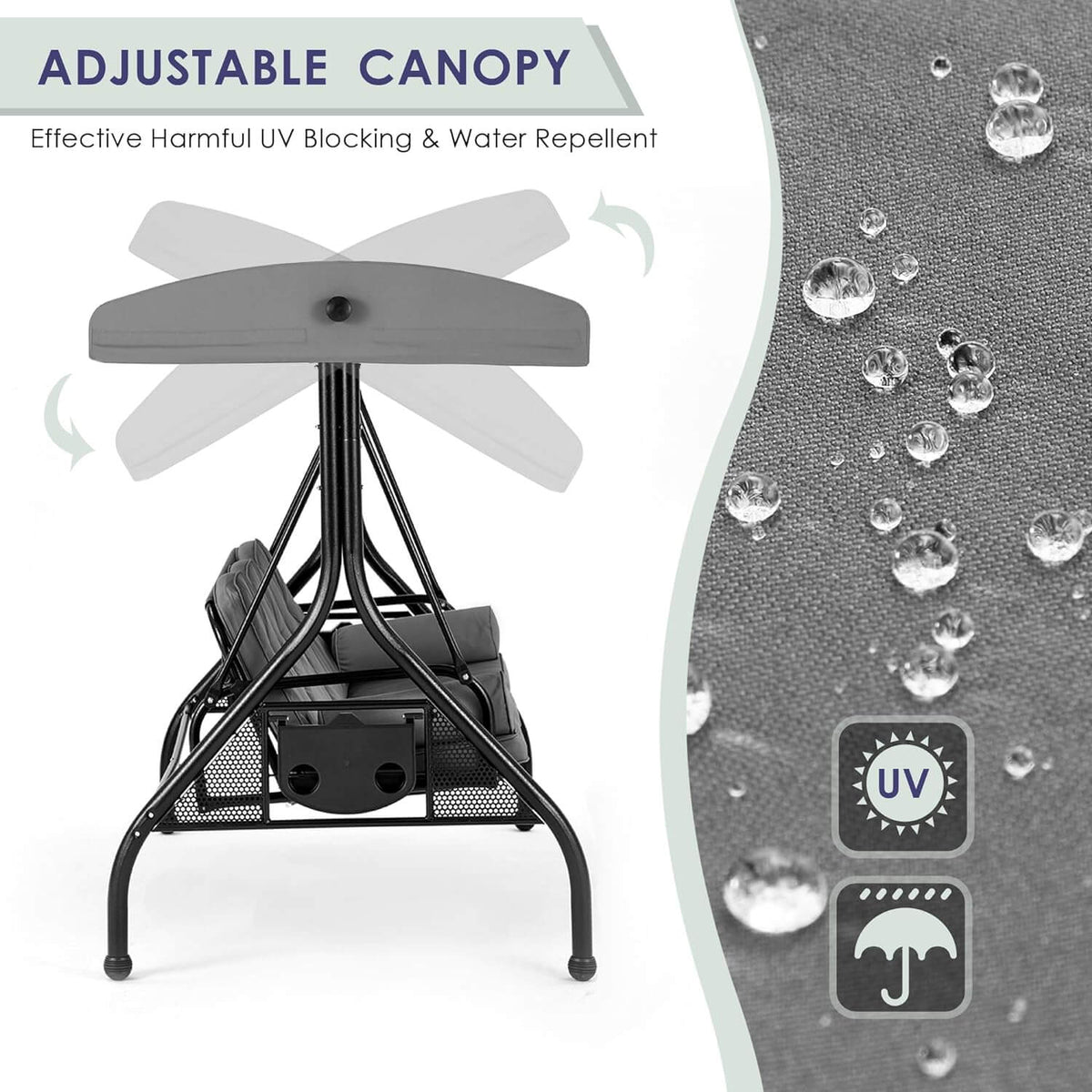 EROMMY 3-Seat Outdoor Porch Swing with Adjustable Canopy and Backrest, Gray