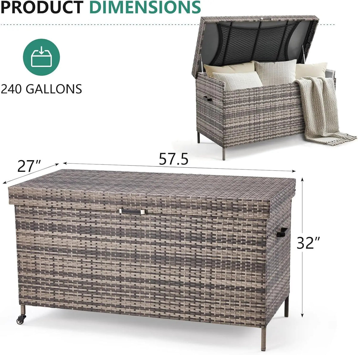 EROMMY 240 Gallon Wicker Deck Box with Wheels, Outdoor Storage Box with Liner Patio Waterproof Deck Storage Box Wicker Chest Storage Trunk Rattan Pool Container for Garden, Balcony, Yard, Grey