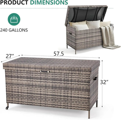 EROMMY 240 Gallon Wicker Deck Box with Wheels, Outdoor Storage Box with Liner Patio Waterproof Deck Storage Box Wicker Chest Storage Trunk Rattan Pool Container for Garden, Balcony, Yard, Grey