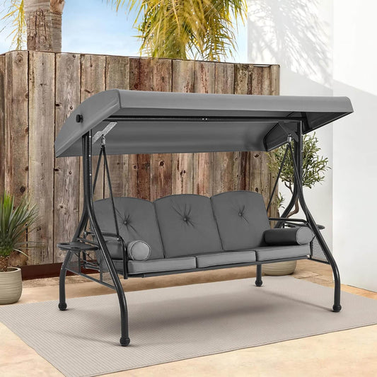 EROMMY 3-Seat Outdoor Porch Swing with Adjustable Canopy and Backrest, Gray