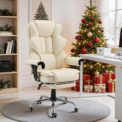 Erommy 6-Point Massage Heat Ergonomic Reclining Office Chair with Footrest Beige