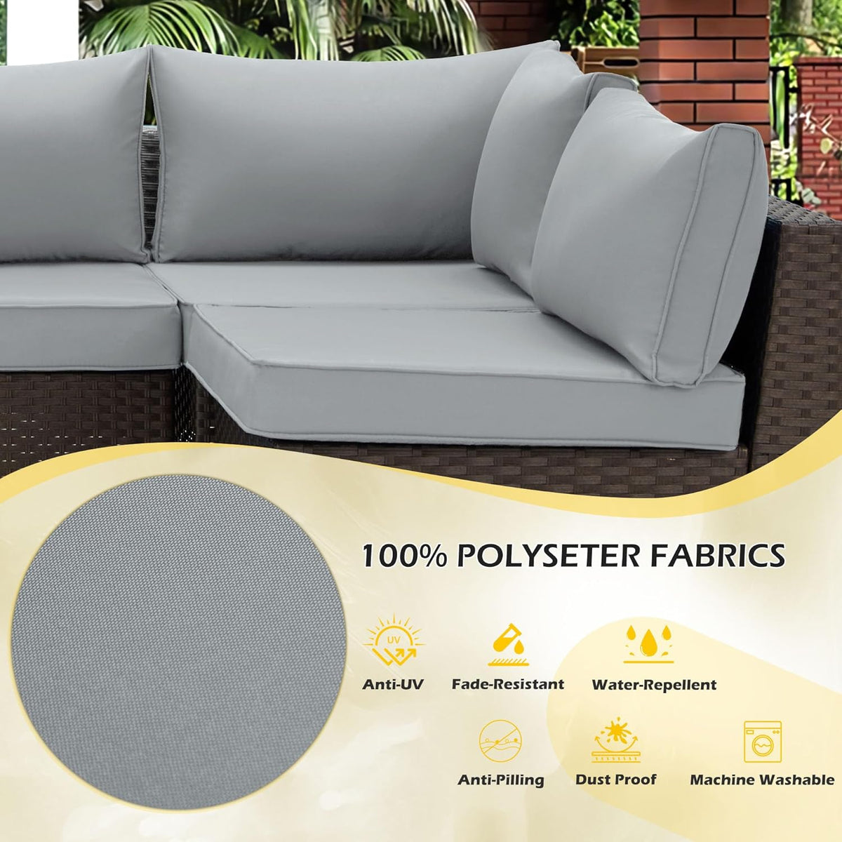 EROMMY Outdoor Replacement Cushions for  6-Seat Patio Conversation Sets, Light Gray
