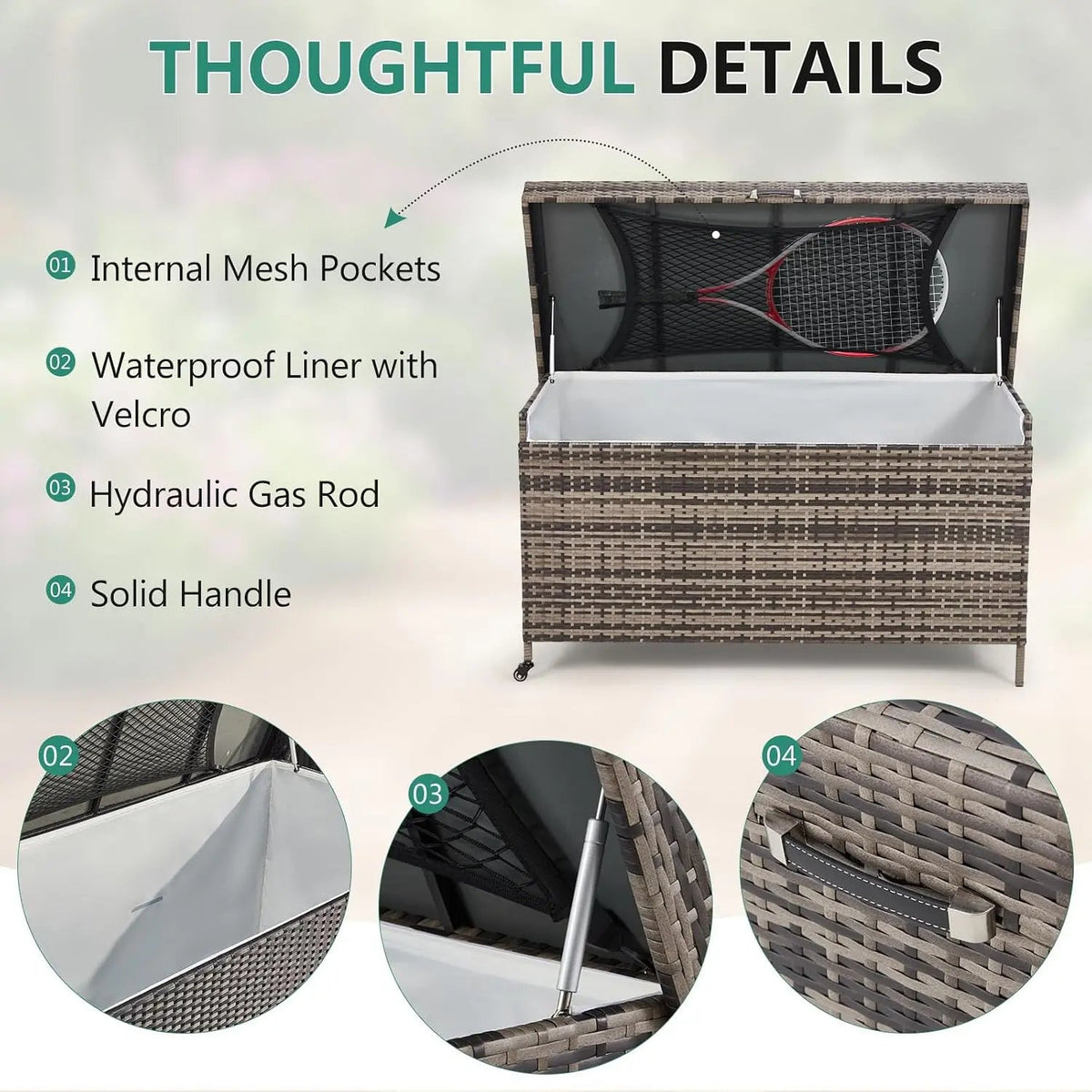 EROMMY 240 Gallon Wicker Deck Box with Wheels, Outdoor Storage Box with Liner Patio Waterproof Deck Storage Box Wicker Chest Storage Trunk Rattan Pool Container for Garden, Balcony, Yard, Grey