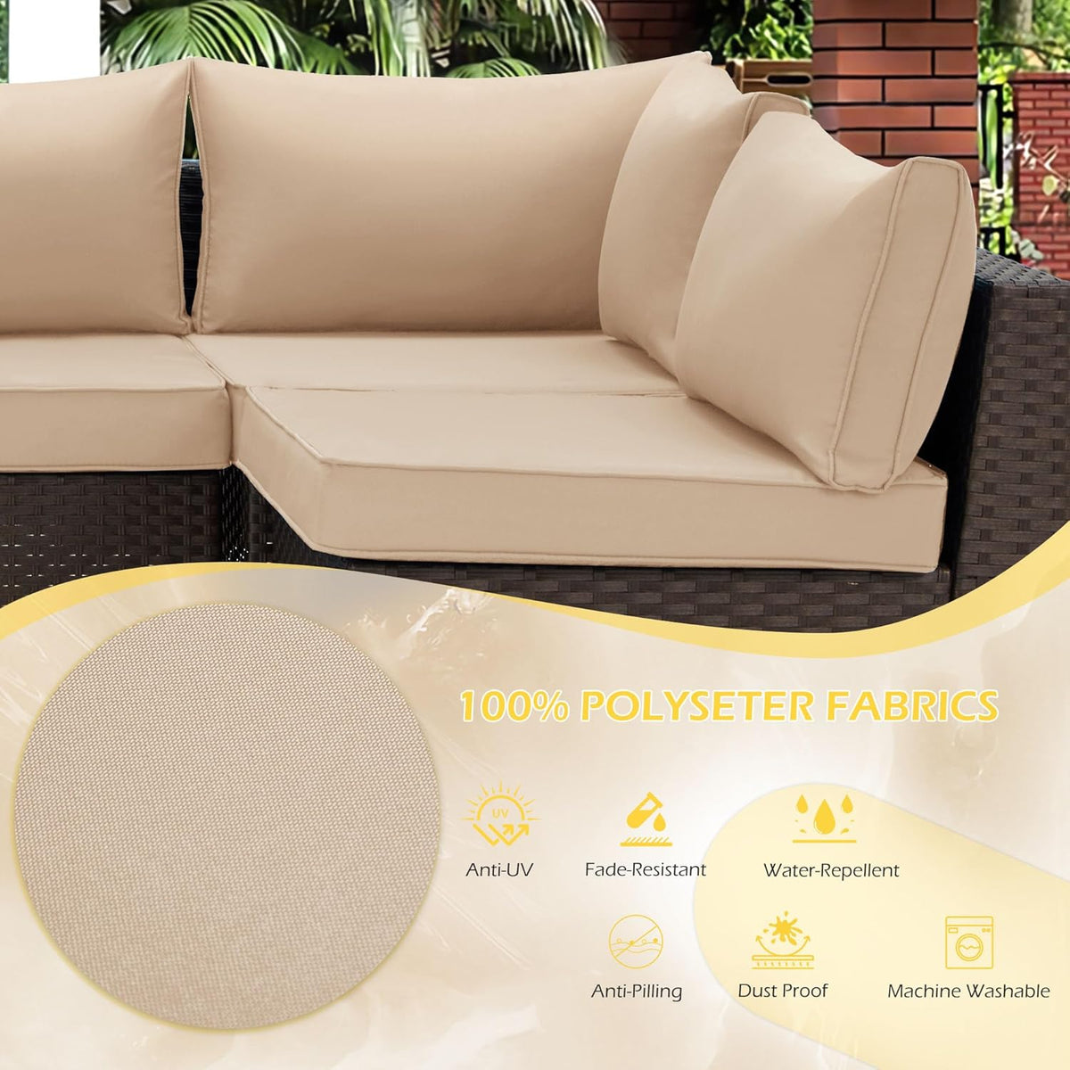 EROMMY Outdoor Replacement Cushions for  6-Seat Patio Conversation Sets, Khaki