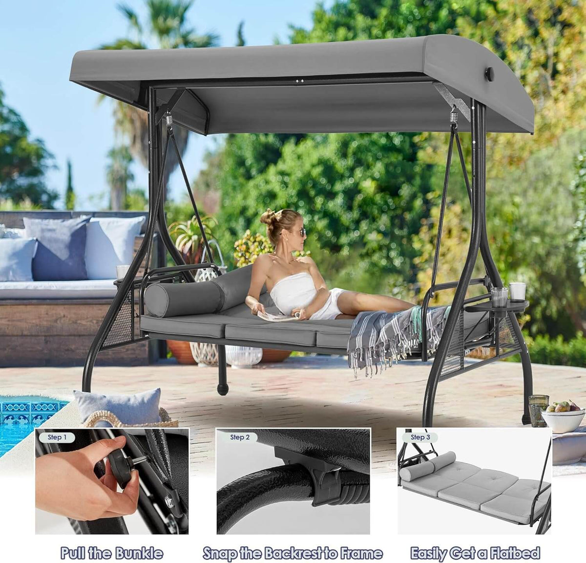 EROMMY 3-Seat Outdoor Porch Swing with Adjustable Canopy and Backrest, Gray