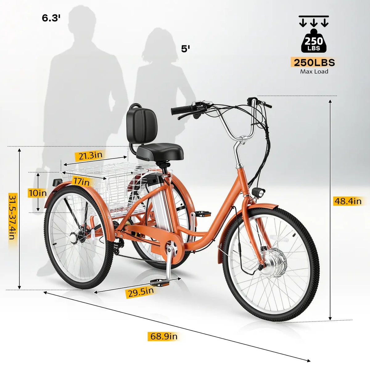 EROMMY Electric Trike for Adults,Peak 500W Brushless Motor, E-Trike with 24" x 2" Tires, Removable Battery, Charger,Step-Thru 3-Wheel Electric Bicycle, Up to 55 Miles Range, 15.5MPH+ Speed, Orange
