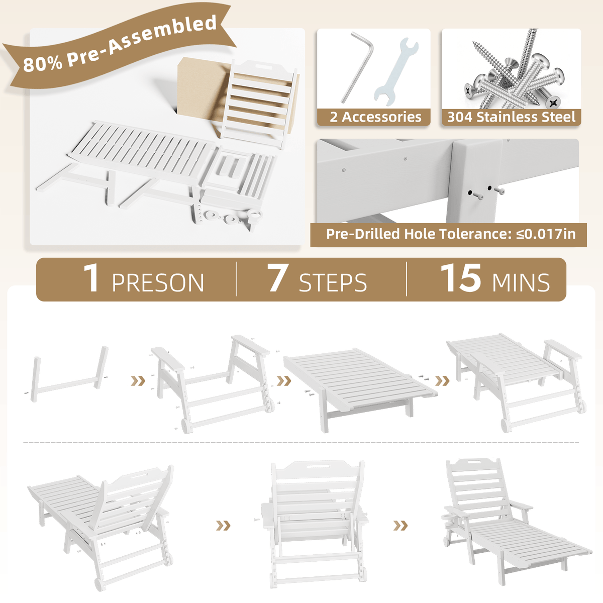 EROMMY 24" W Oversized Chaise Lounge Chairs Set of 2, Adjustable HDPE Outdoor Chairs with Wheels & Cup Holder, White